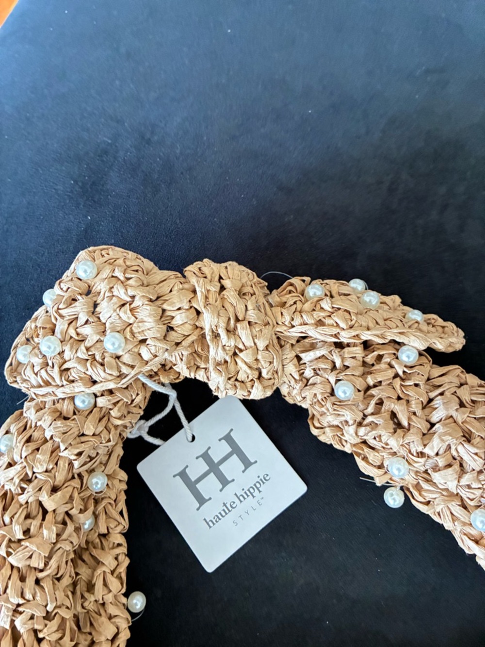 🌹Haute Hippie Tan Woven Pearl-Embellished Straw handbag Hobo - Picture 6 of 8